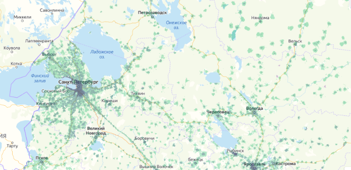 Зона покрытия МТС на карте Великий Новгород 